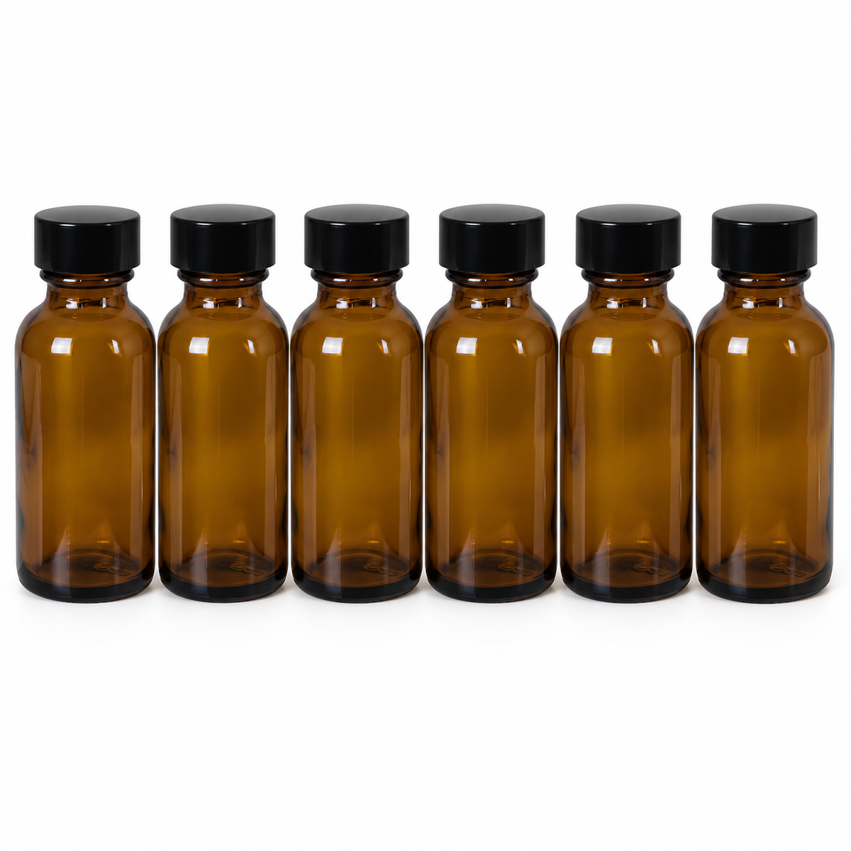 Amber Boston Round Glass Bottles with Caps — 1 oz / Amber Glass / 6