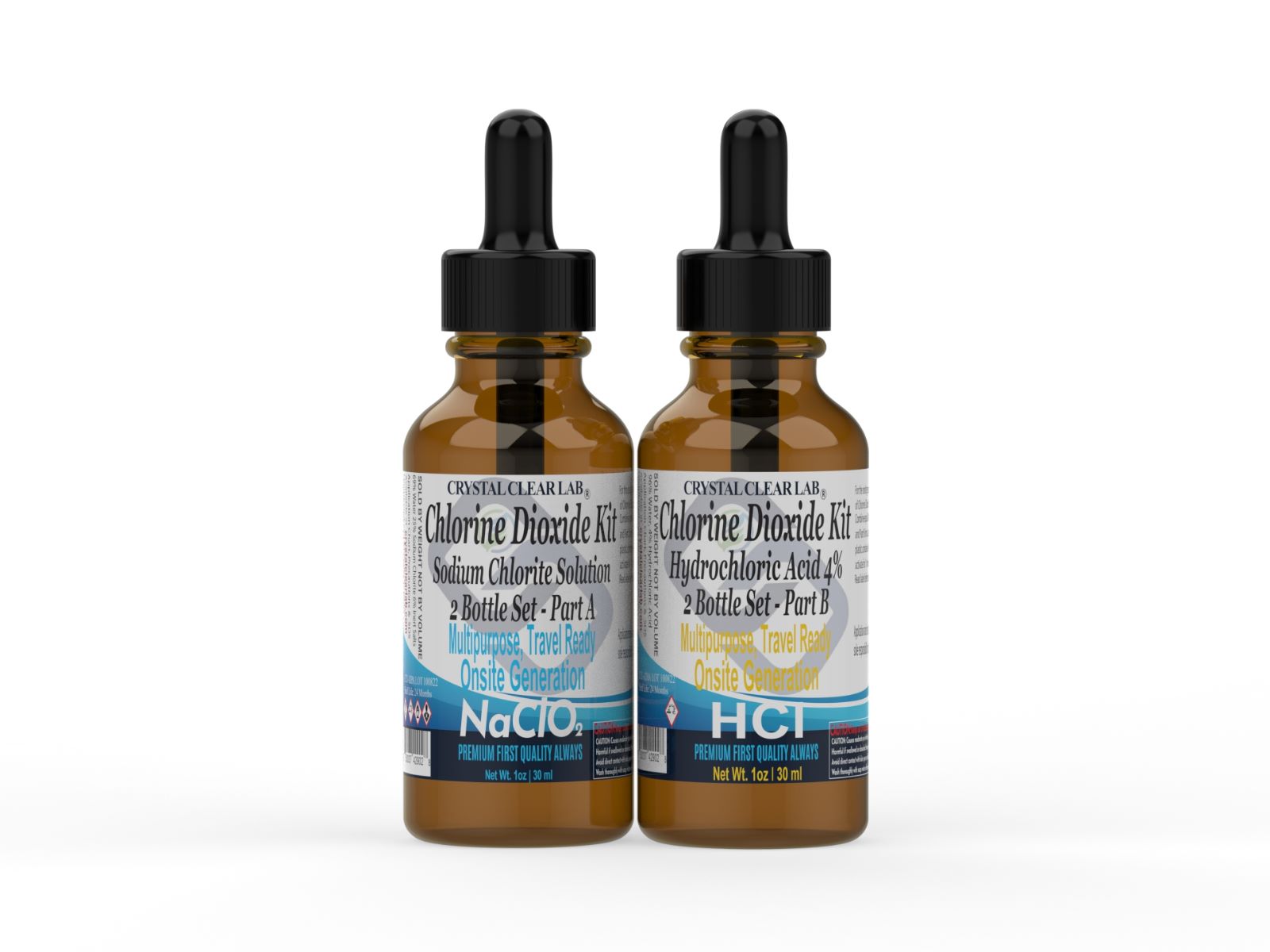 Crystal Clear Chlorine Dioxide Kit (1oz) Hydrochloric Acid 4-5% (HCl) : Sodium Solution 2oz Liquid Set, , 1 Fluid Ounces,