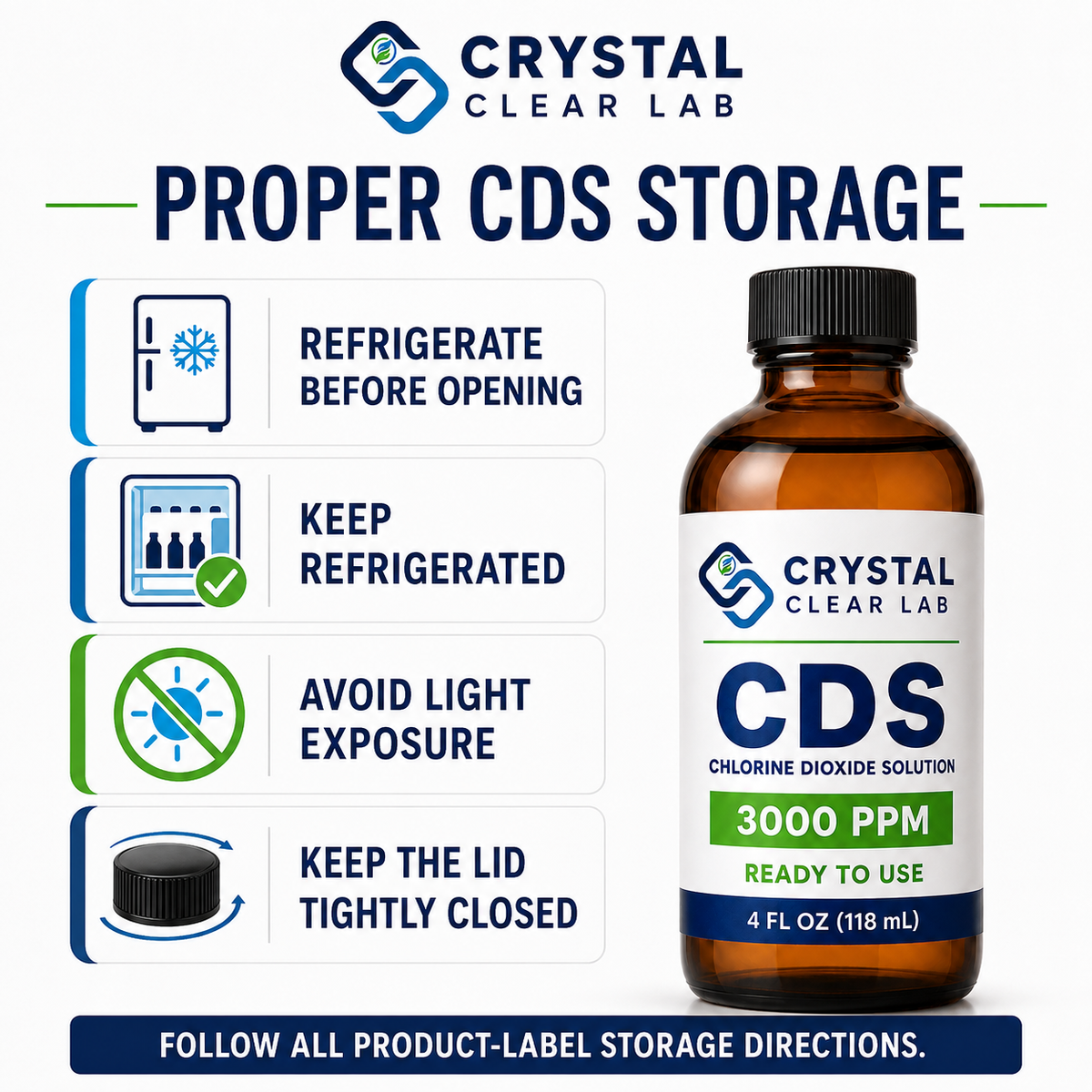 Crystal Clear Lab CDS Chlorine Dioxide Solution 3000 PPM bottle with storage instructions on a white background.