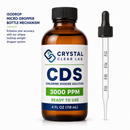 Crystal Clear Lab CDS Chlorine Dioxide Solution 3000 PPM in a 4 fl oz amber bottle, shown next to a clear glass dropper with black measurement markings on a white background.