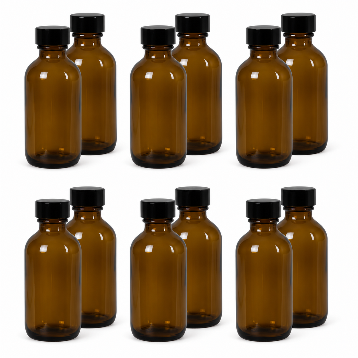 Amber Boston Round Glass Bottles with Caps — 2 oz / Amber Glass / 12