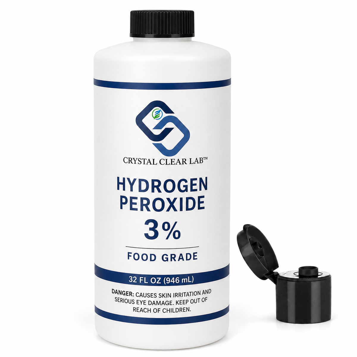 Hydrogen Peroxide 3%, 32 fl oz, white plastic bottle with cap and dispensing closure