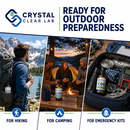 Infographic for Crystal Clear Lab outdoor preparedness products, showing the brand logo and text at the top, three lifestyle panels for hiking, camping, and emergency kits, and a close-up of an open kit containing bottles, tools, and gear.
