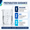 Preparation guidance infographic with a beaker and glass stirring rod, plus three numbered steps: measure the amount on the product label, mix thoroughly in a compatible container, and wait before intended use.