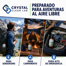 Promotional graphic for Crystal Clear Lab preparedness products, with the Spanish text 'PREPARADO PARA AVENTURAS AL AIRE LIBRE' and three lifestyle panels showing outdoor scenes, camp cooking, and an emergency kit pouch containing CDS bottles and gear.