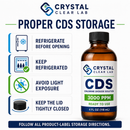 Crystal Clear Lab CDS Chlorine Dioxide Solution 3000 PPM bottle with storage instructions on a white background.