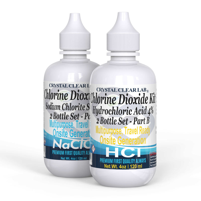 Chlorine Dioxide and Hydrochloric Acid 4% 1oz-4oz Plastic Bottle Kits