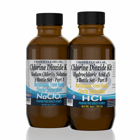 Chlorine Dioxide and Hydrochloric Acid 4% 1oz-4oz Glass Bottle Kits