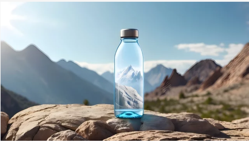 Reusable bottle in a mountain landscape